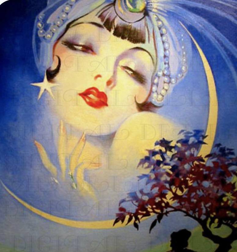 Flapper woman with glistening red lips, beaded head wrap, thin brows, yellow skin, and stars as earings appears as a half moon looking over her shoulder overlooking a stagnant single tree with the silhouette of a man sitting under it.